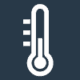 An icon of a thermometer with a round bulb at the bottom and a vertical tube extending upward. The thermometer is placed against a dark blue background and shows three lines to the left, indicating different temperature levels.